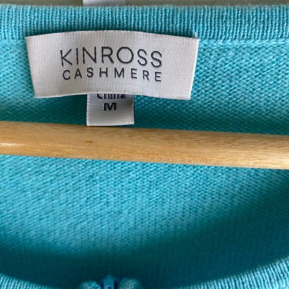 Kinross 100% Cashmere Zip Top Size M Aqua Blue Lightweight Dolman Sweater Casual - Picture 7 of 11